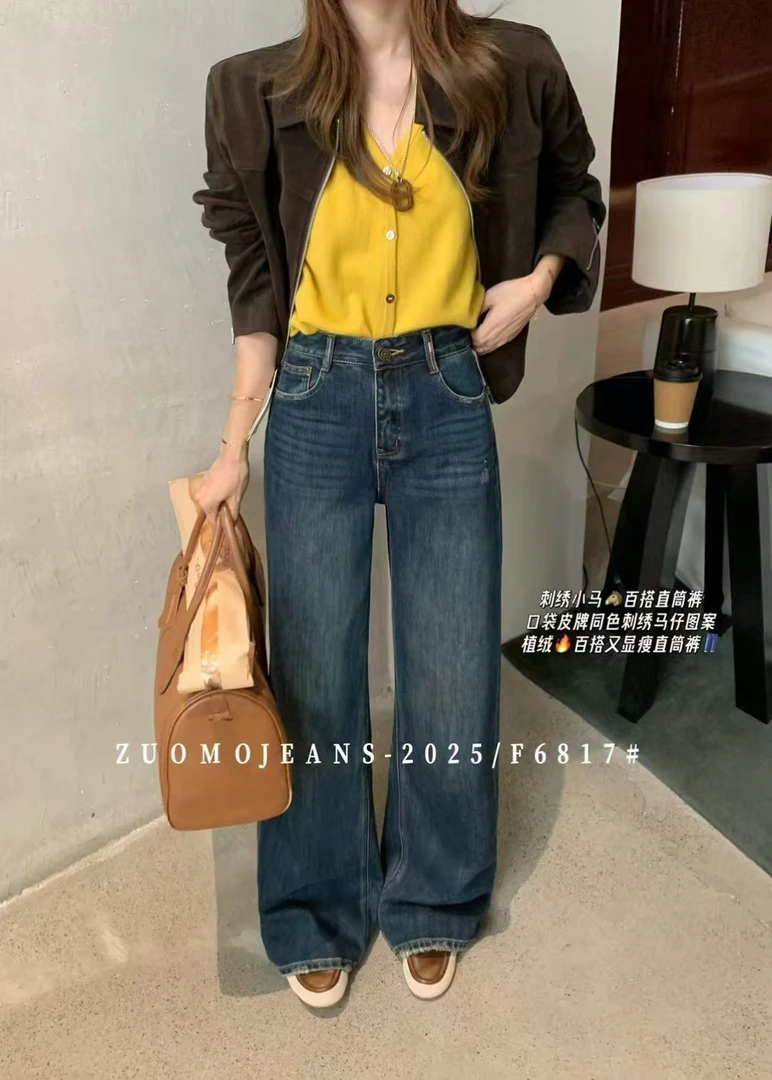 ZUOMO佐陌-F6817-5刺绣小马百搭直筒牛仔裤【裤长105】植绒