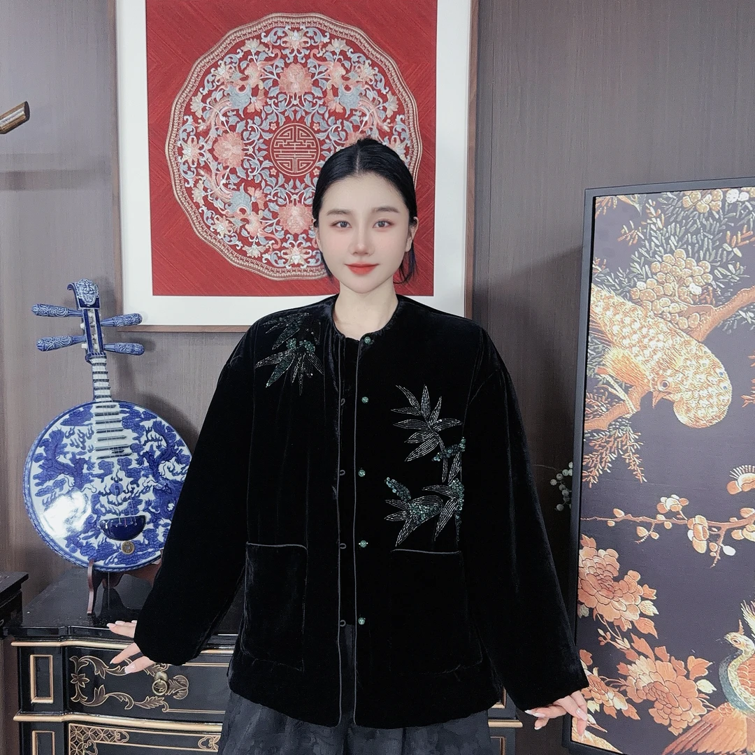 Betty Bairn【竹韵】新中式真丝丝绒刺绣加厚保暖棉服25B-BW5512