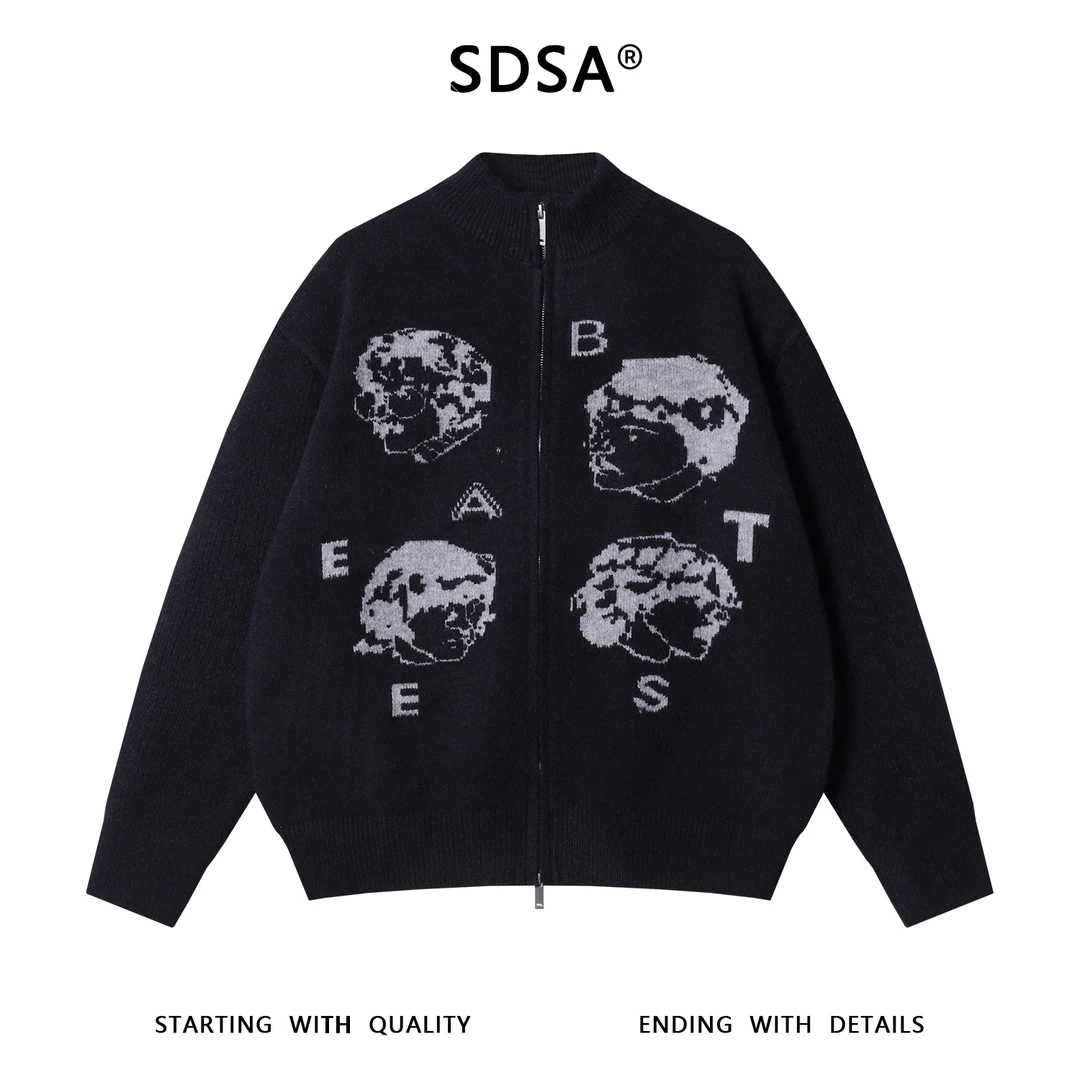 SDSA男士秋冬新款痞帅男装潮牌美式人物字母设计拉链立领毛衣百搭