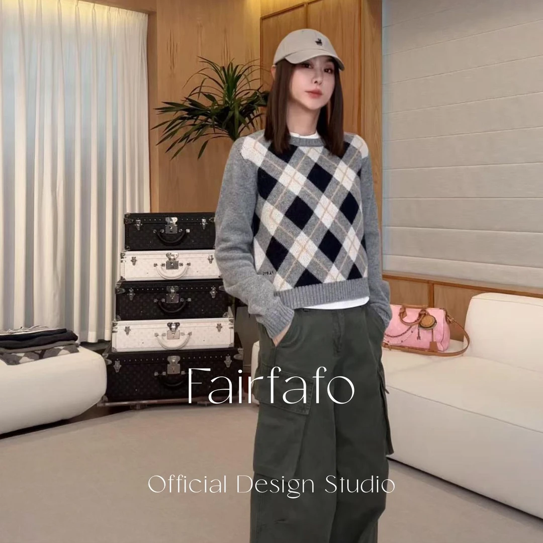 【菱格纹圆领毛衣】RQMY58201秋冬新款复古舒适时尚经典格子毛衣