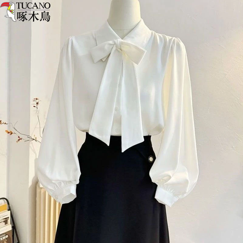 TUCANO/啄木鳥时尚蝴蝶结法式长袖秋冬季雪纺白色衬衫女宽松上衣