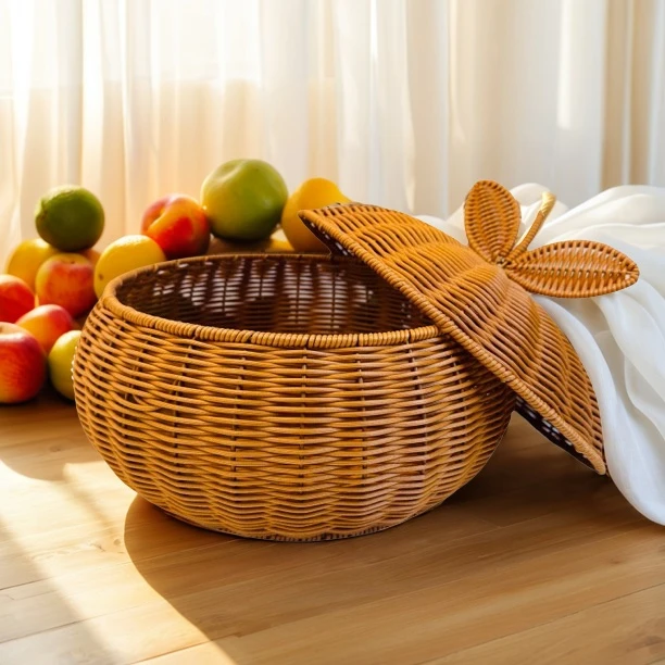 橘子蓝收纳手工干果鸡蛋水果零食家用客厅带盖藤编篮子编织圆形藤