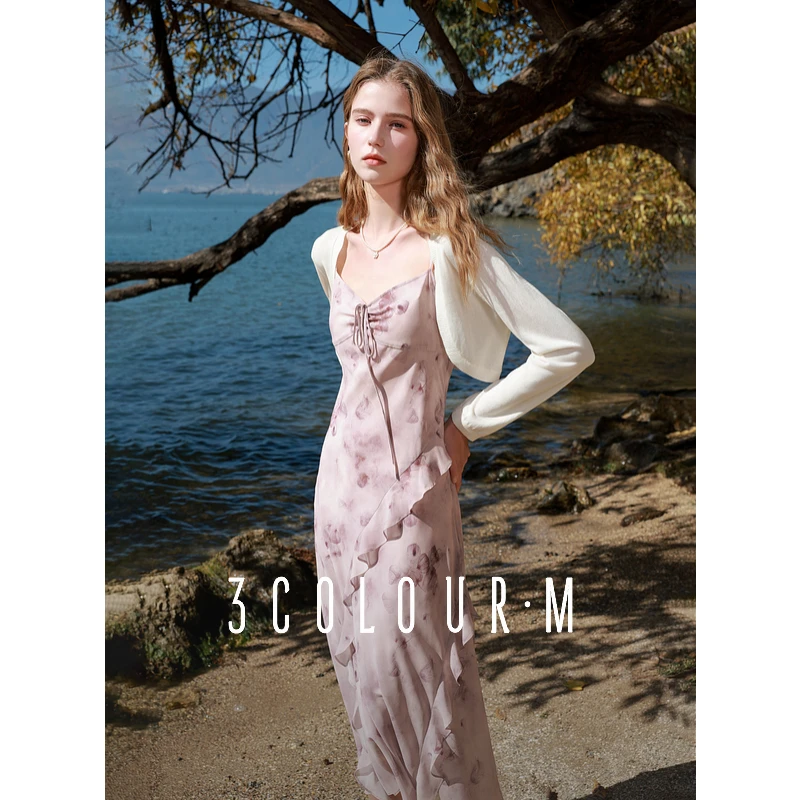 三彩2025春季新款浪漫碎花雪纺裙荷叶边连衣裙吊带裙无袖长裙女M