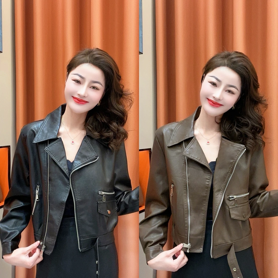 【柏芝推荐】2025春季新款气质翻领百搭皮衣时尚显瘦短款皮夹克女