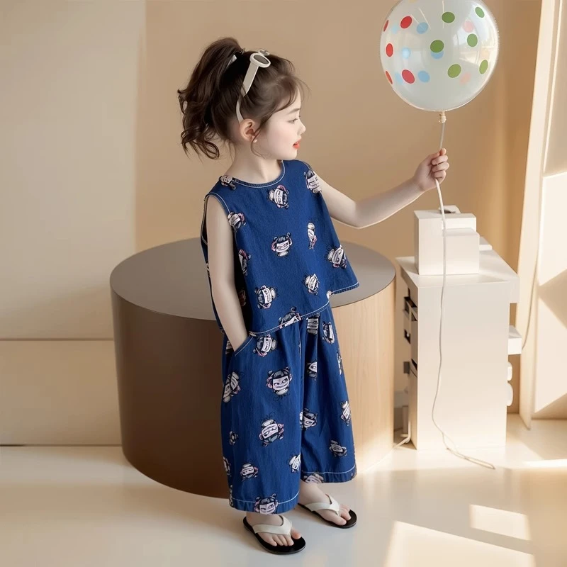 女童套装夏季2025新款儿童洋气时髦女宝宝夏装哪吒牛仔两件套薄款