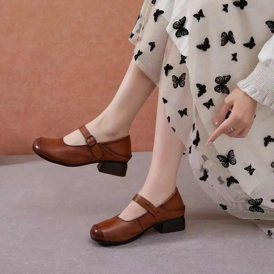 2318头层牛皮玛丽珍鞋单鞋百搭舒适轻便透气粗跟中跟圆头