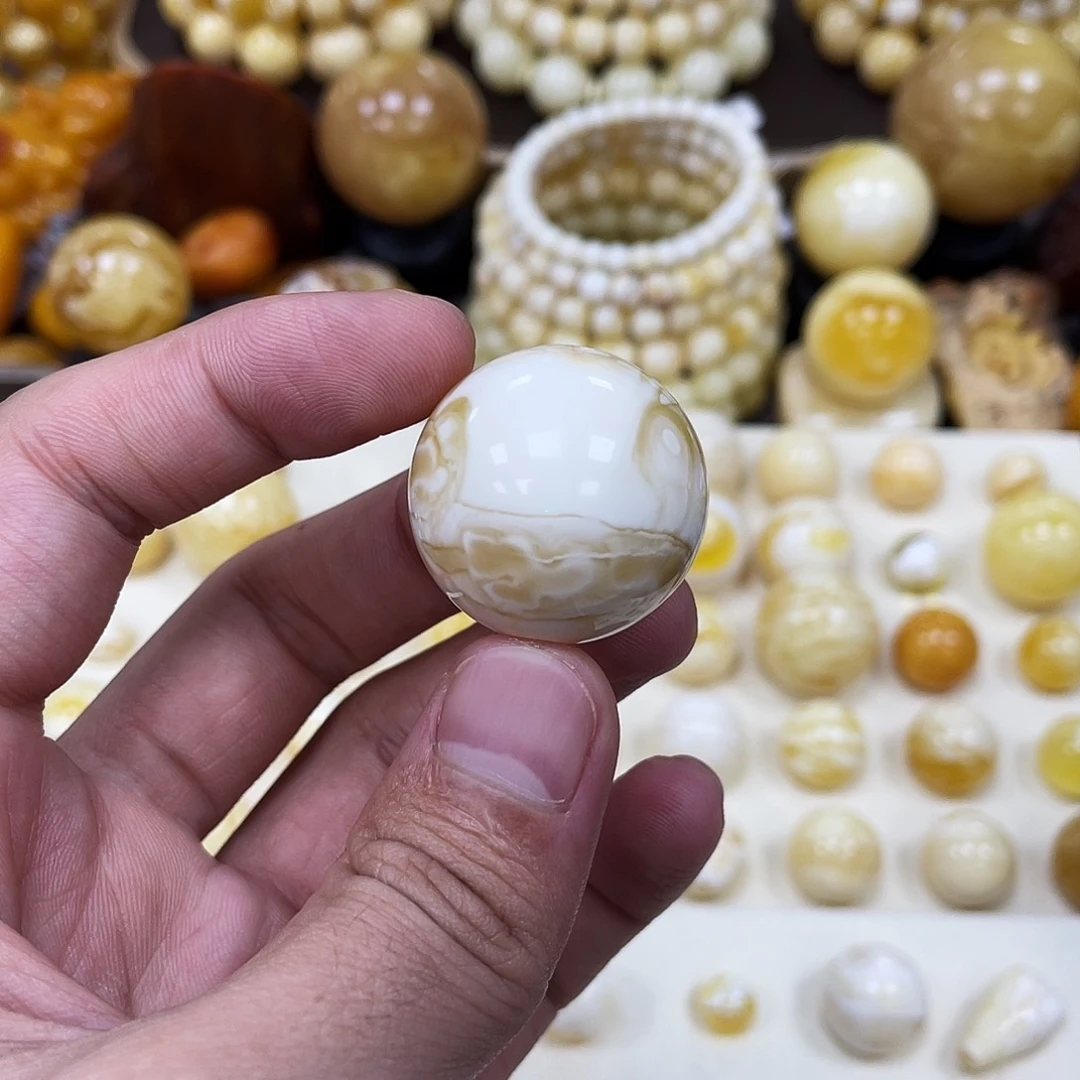 蜜蜡未镶嵌珠宝奇石27.6mm【双天眼妖花金瓷白】圆珠