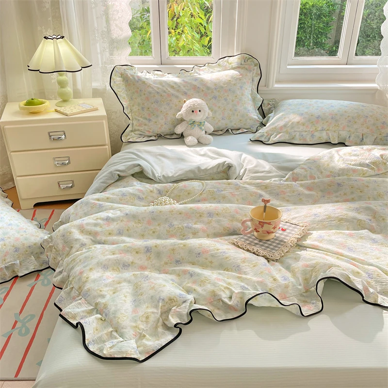 小清新A类柔软木棉皱皱双层纱夏被四件套花边夏凉被薄被芯空调被