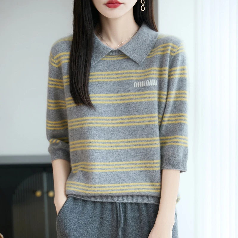 100纯衫针织五分袖女翻领条纹拼色宽松毛衣女装打底上衣