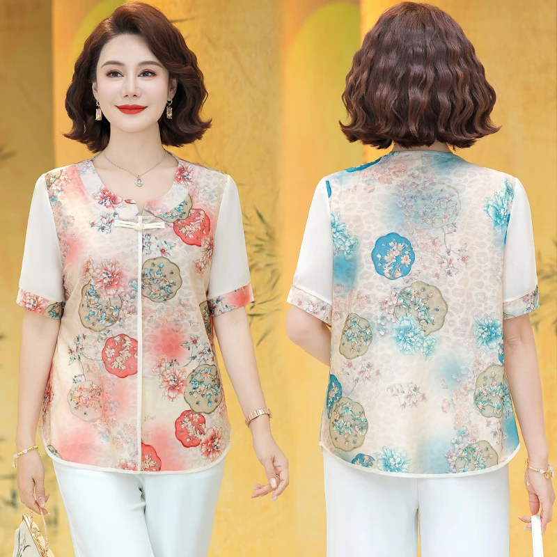 新中式国风妈妈夏季t恤打底衫上衣服洋气显瘦新款中老年女针织衫