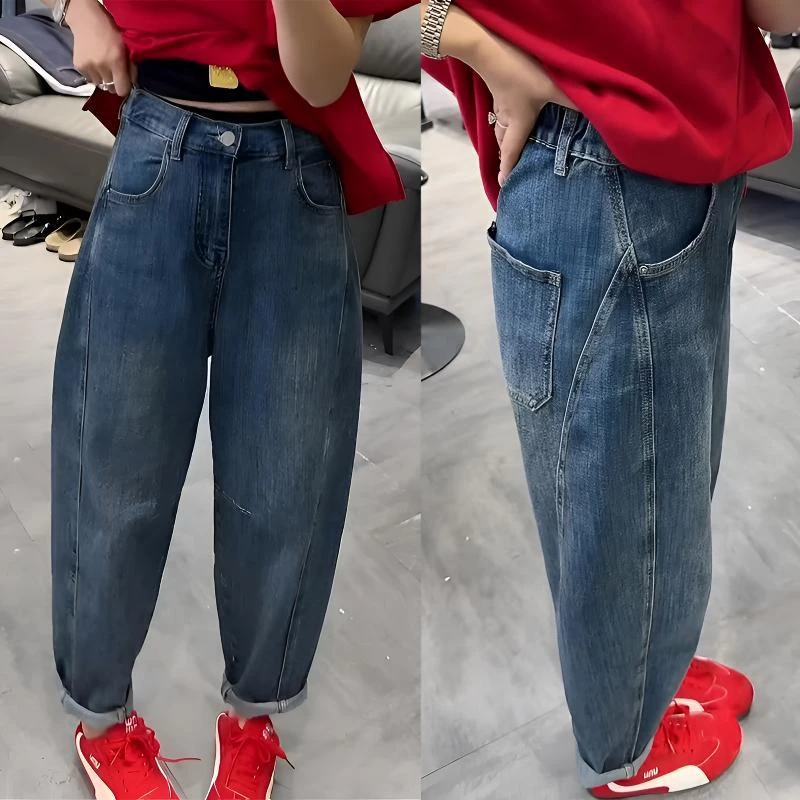 高腰弹力哈伦牛仔裤女春季新款梨形身材宽松显瘦九分萝卜老爹裤子