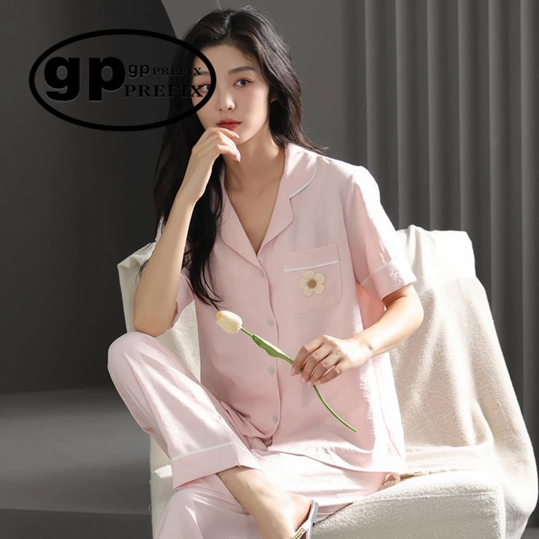 日系小众GP带胸垫睡衣女士夏季薄款短袖长裤云朵棉甜美家居服套装