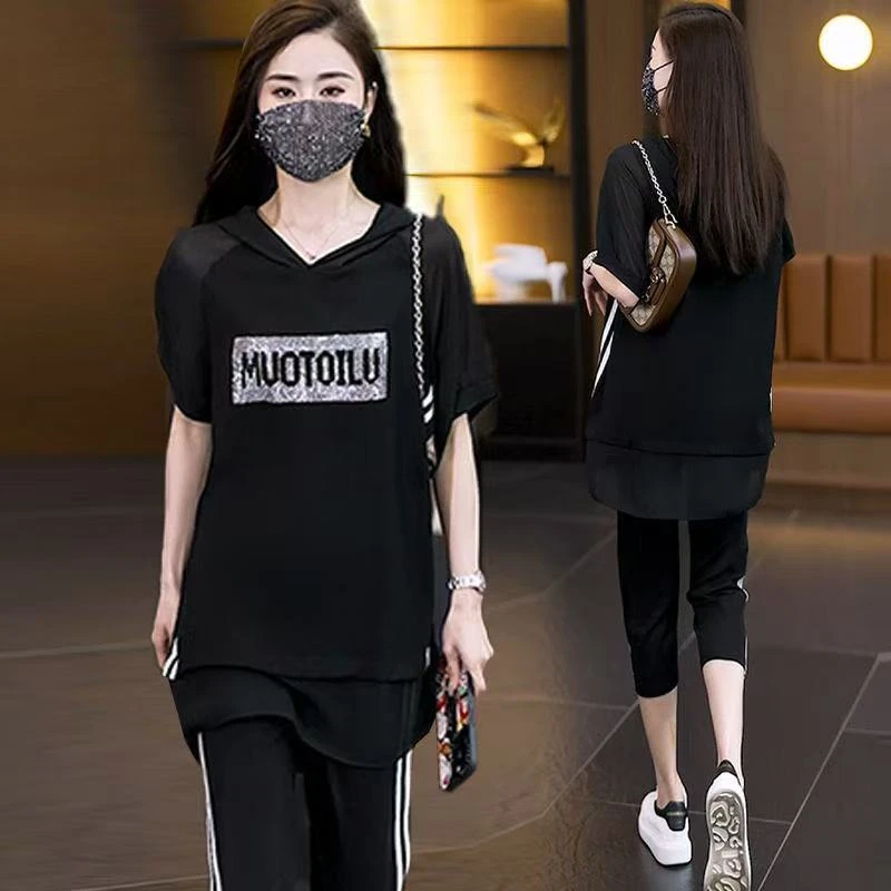 夏季大码女装休闲套装200斤胖mm宽松显瘦潮流妈妈装运动服两件套