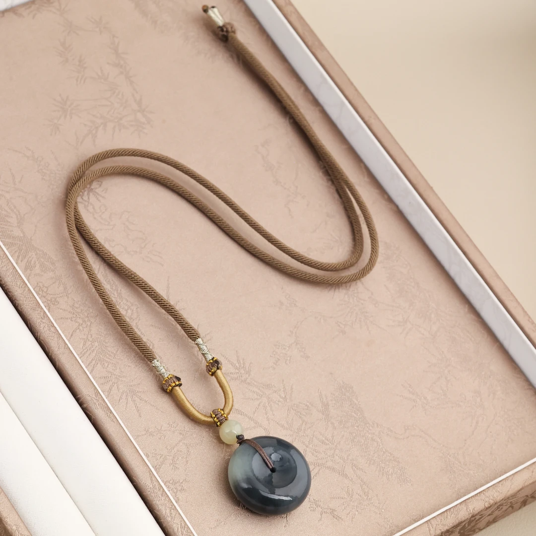 和田玉青花平安扣多样性绑绳吊坠-D10657-鹤