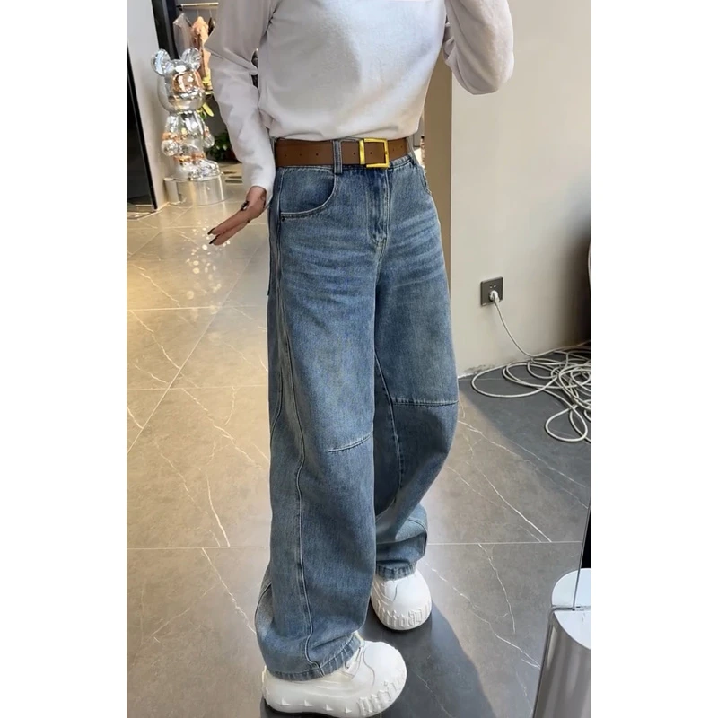 蓝色牛仔裤女士2025年春季新款爆款裤子显瘦弯刀裤宽松时尚阔腿裤