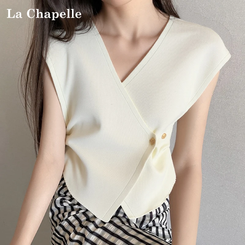 拉夏贝尔不规则V领针织衫女夏季2025设计感小飞袖t恤别致掐腰上衣