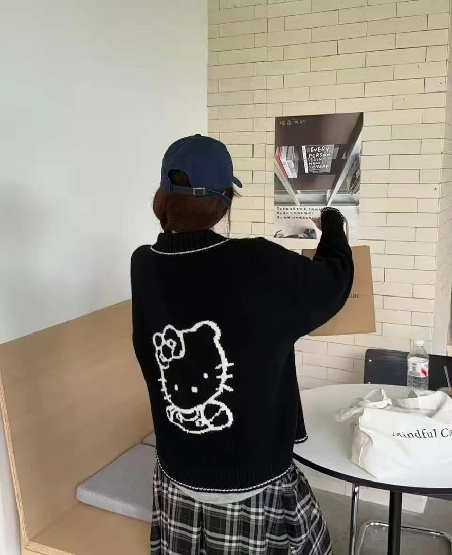 复古风卡通小猫针织开衫大码女秋季韩系穿搭减龄修身毛衣外套267