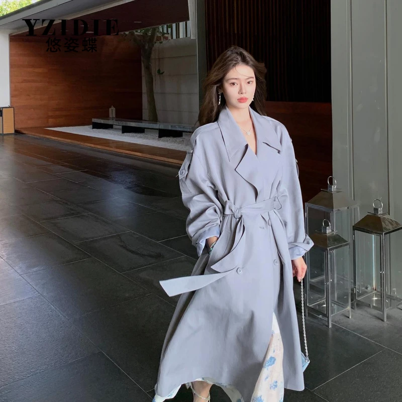 ByYou 2025新款莱赛尔高级灰色风衣外套女中长款过膝收腰休