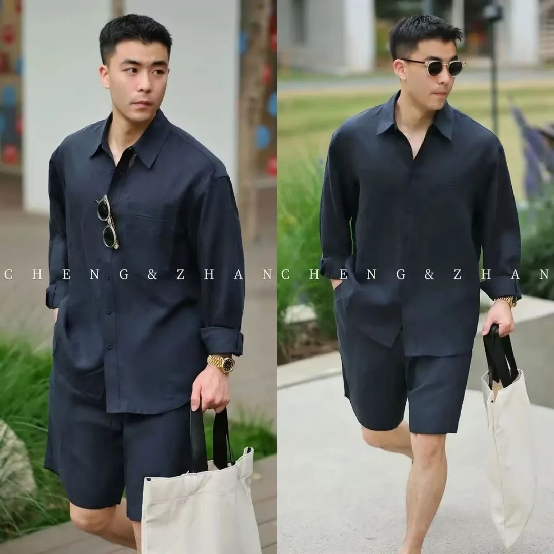 高级感纯色亚麻衬衫短裤套装男士夏季轻薄舒适透气韩版休闲两件套