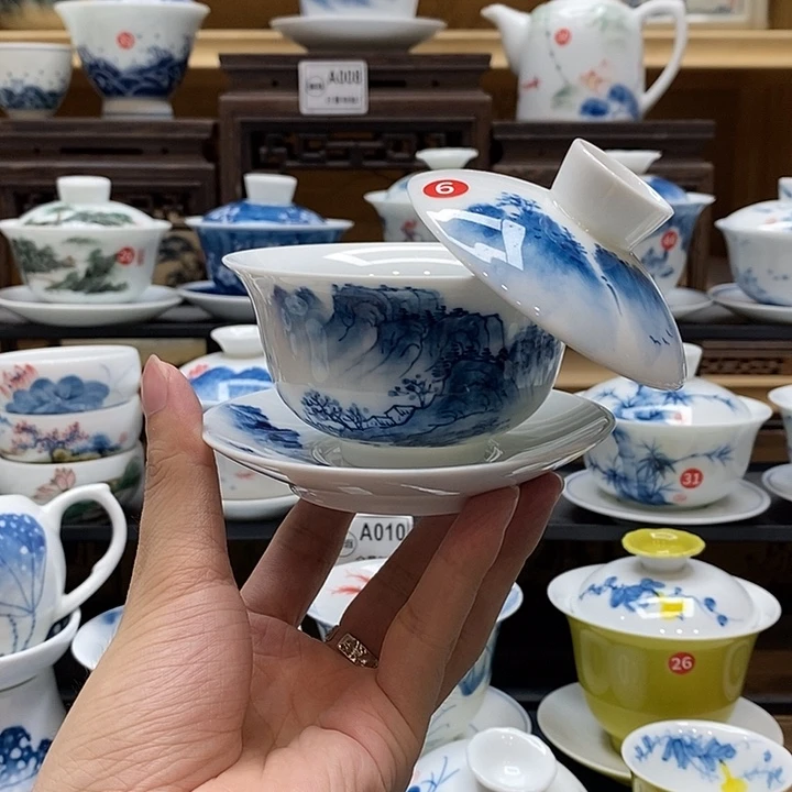 手绘烟雨江南盖碗150cc悬停釉下彩微瑕福利款