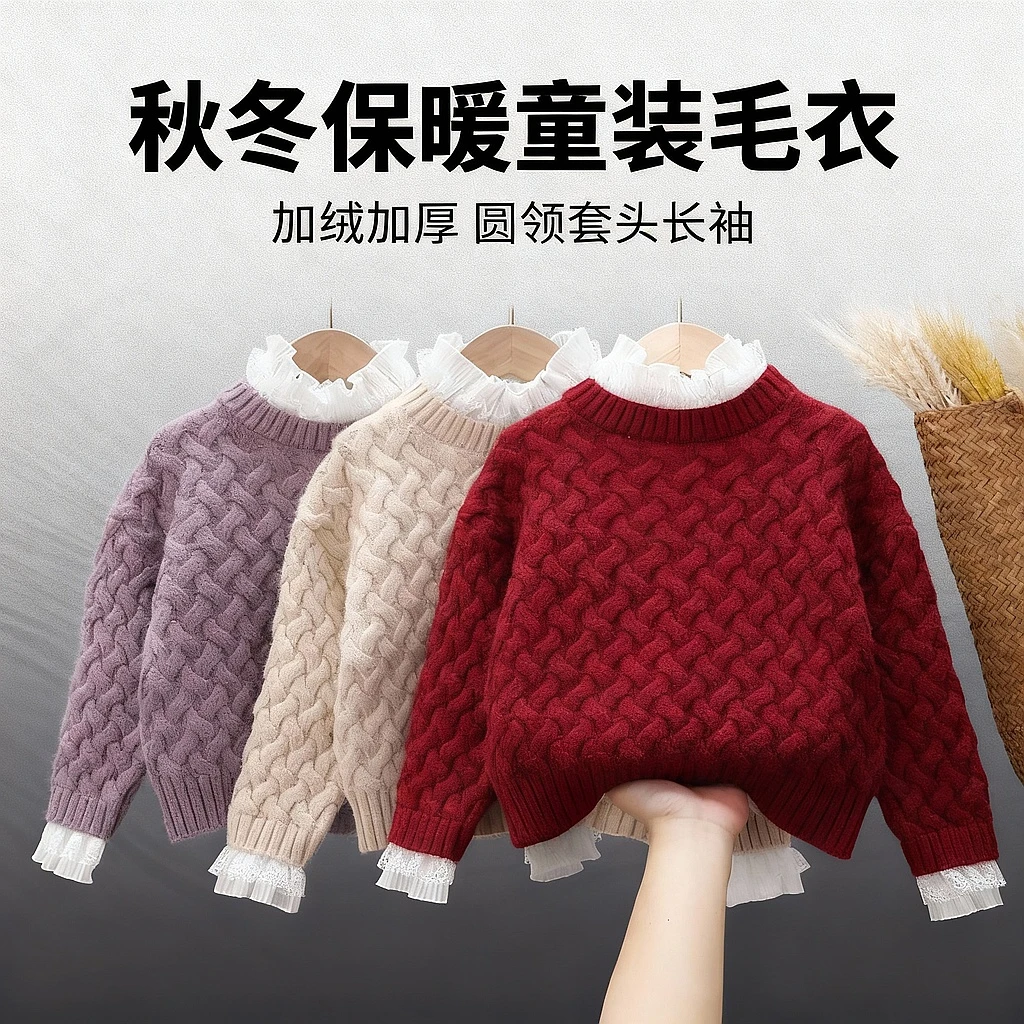 恬恬娃女童套头毛衣韩版加绒加厚针织衫上衣女宝宝秋冬打底洋气