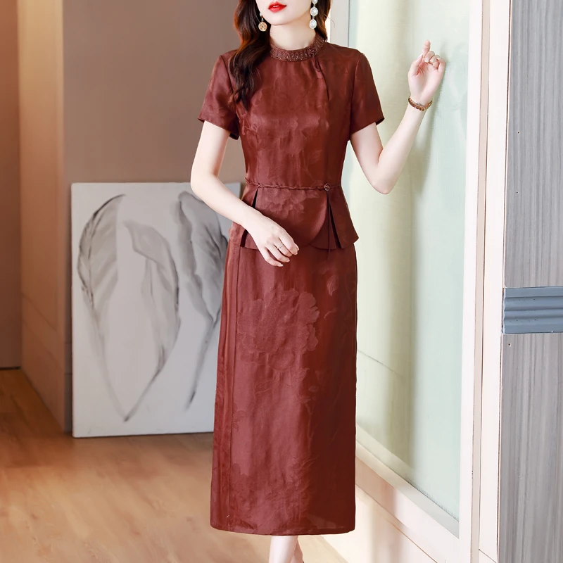 2023新中式高端半裙套装红云纱时尚两件套中式复古复古上衣高端