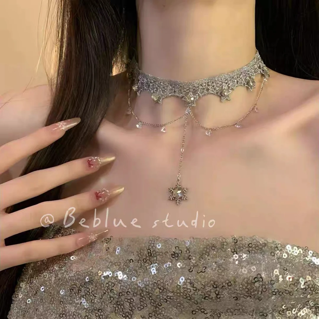 铜合金锆石项链 爆闪雪花流苏项链女高级感轻奢气质锁骨链颈链