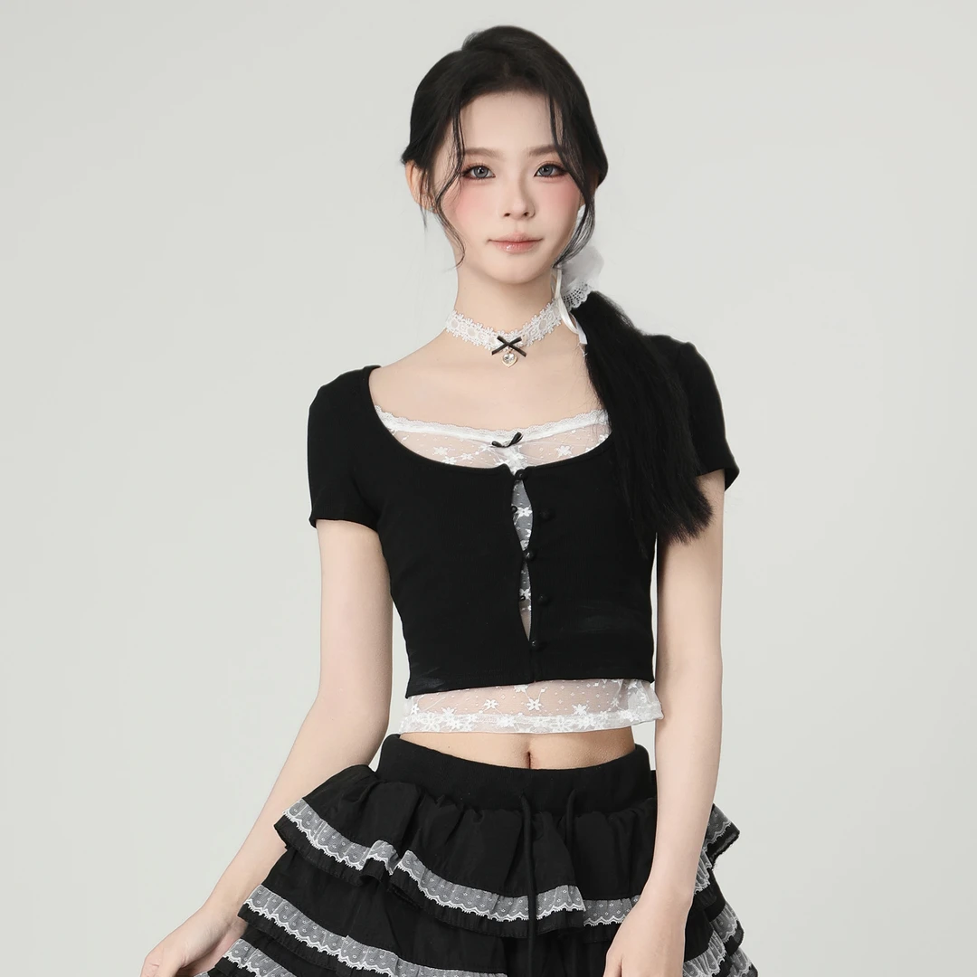 ANPK纯欲甜美正肩T恤T恤镂空时尚修身毛衣拼接蕾丝A5F02C0088