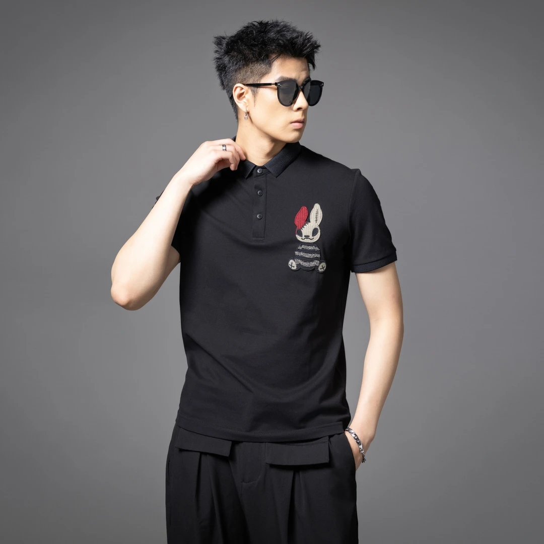 2025时尚轻奢夏季夏季新款修身翻领兔子贴布绣短袖POLO衫男体恤