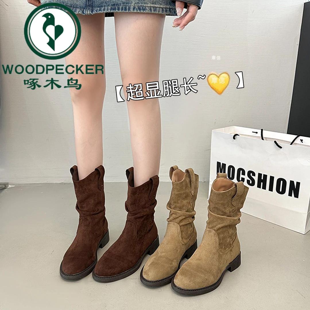 啄木鸟堆堆靴女中筒靴子女夏秋2025新款西部牛仔短靴马丁靴瘦瘦靴