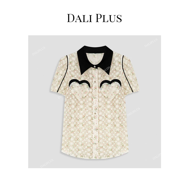 DALI PLUS时尚爱心气质碎花高级百搭奶油黄短袖印花衬衫-D4MM0172