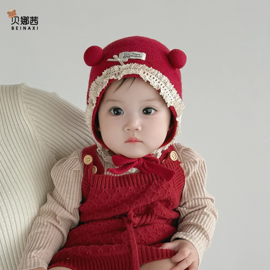 Beinaqian/贝娜茜婴儿帽子秋冬季宝宝女针织毛线帽洋气保暖护耳帽