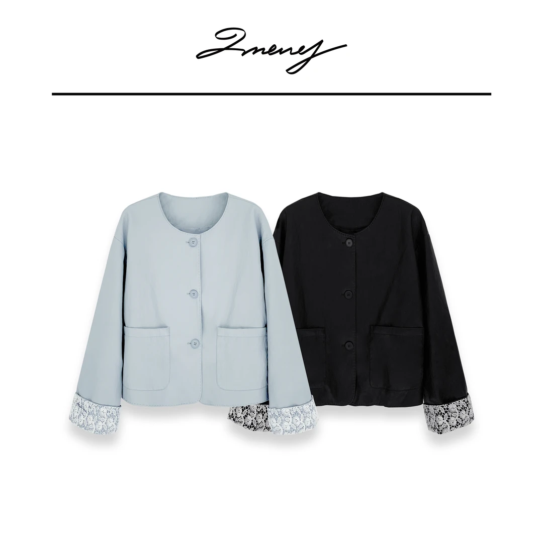 LMENY如沐春风~早春圆领 单排扣蕾丝拼接皮衣外套25AW008