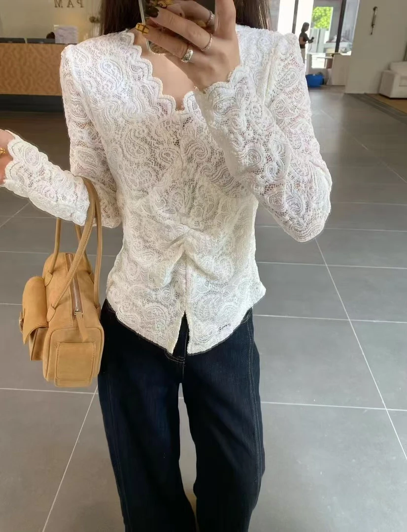 V领开衫百搭法式重工格子衬衫长袖蕾丝蕾丝衫修身型