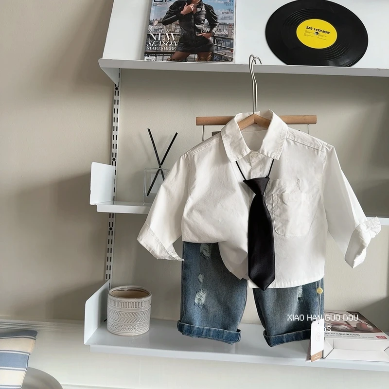 儿童衬衫上衣男女童春款长袖韩版白衬衣（无领带）