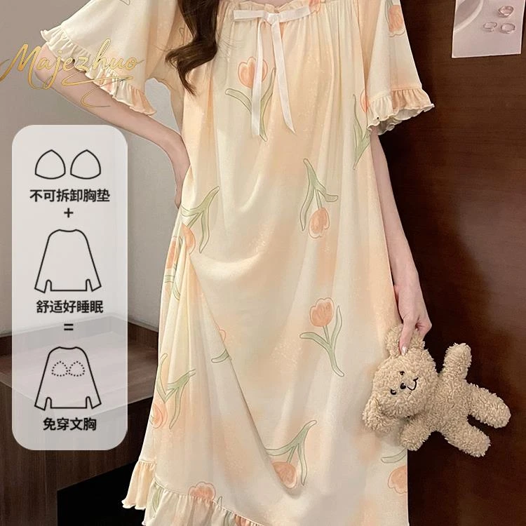 维多利亚真丝睡裙女2025新款夏季真丝带胸垫甜美公主风花边家居服