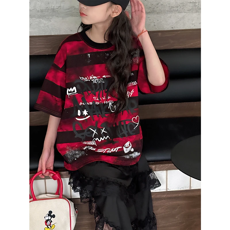 K28328韩系涂鸦女童短袖T恤2025夏装新款儿童上衣春夏女大童半袖t