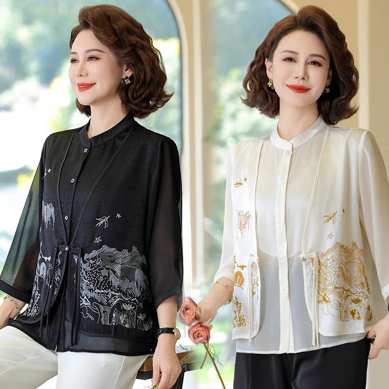 新中式妈妈夏装洋气雪纺上衣假两件中老年女夏季衬衫时尚小衫马甲