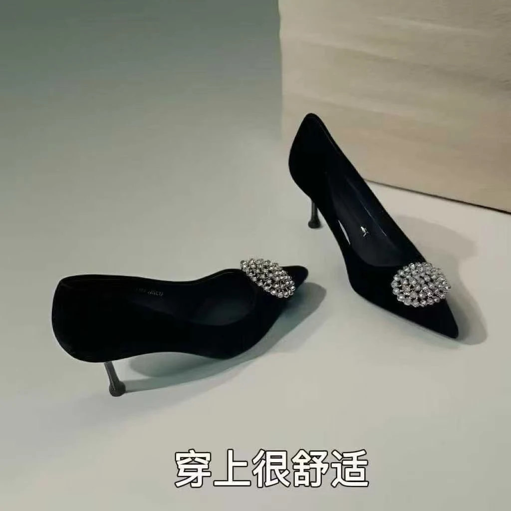 尖头水钻细跟浅口高跟单鞋黑色性感百搭低跟女鞋26K1188