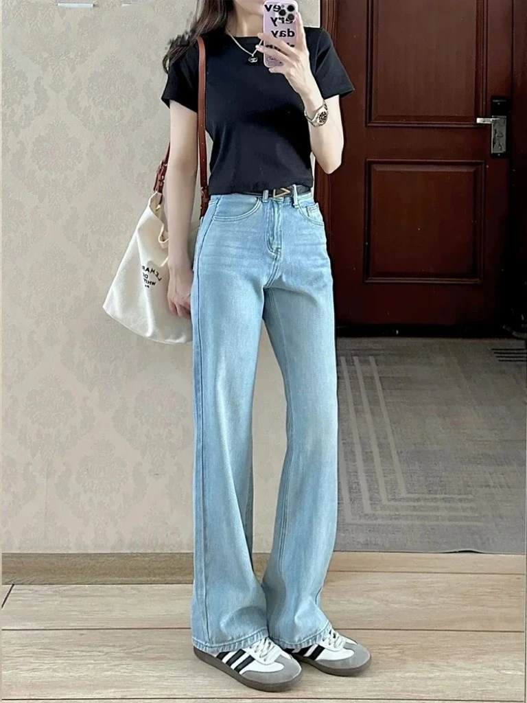夏季薄款直筒阔腿牛仔裤女不鼓包不掉色拖地裤