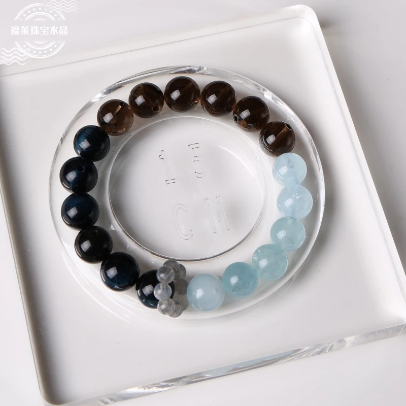 天然海蓝宝配茶晶原创DIY手串气质简约百搭款水晶