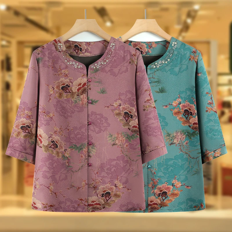 奶奶装夏季衬衣妈妈夏装洋气中袖衬衫60岁中老年人女夏天轻薄衣服