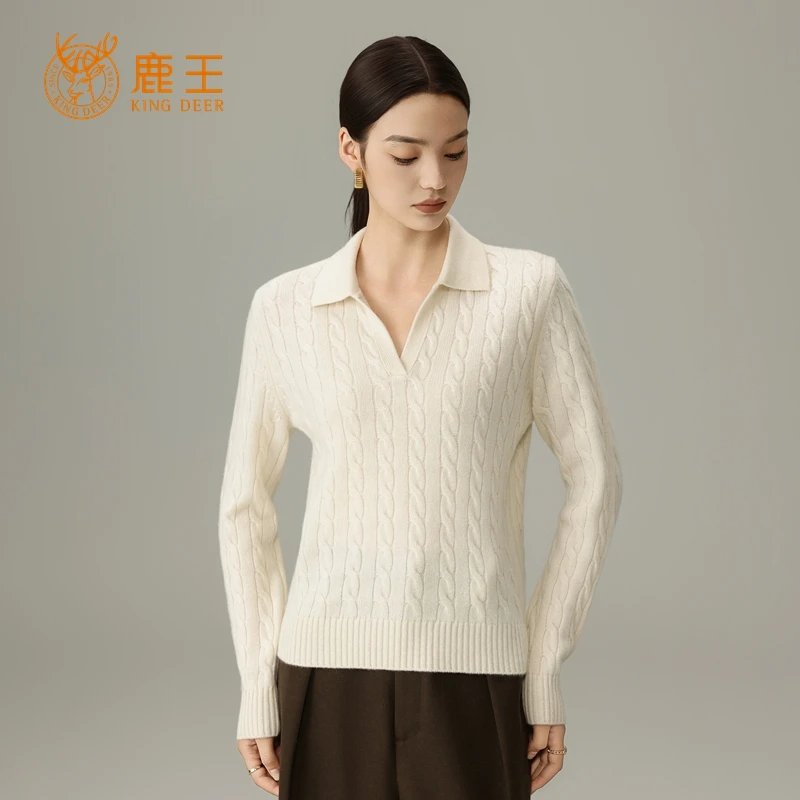 鹿王25秋冬新款女翻领100山羊绒休闲绞花针织套衫 加厚 4J9349