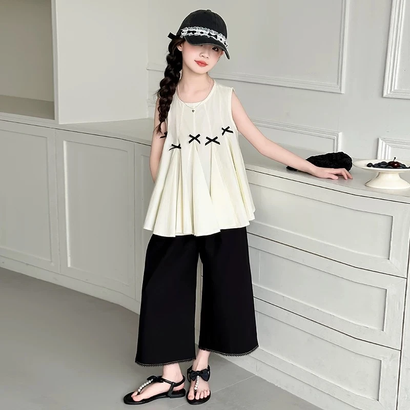 女童2025新款夏季女童蝴蝶结背心阔腿裤套装韩系穿搭气质洋气