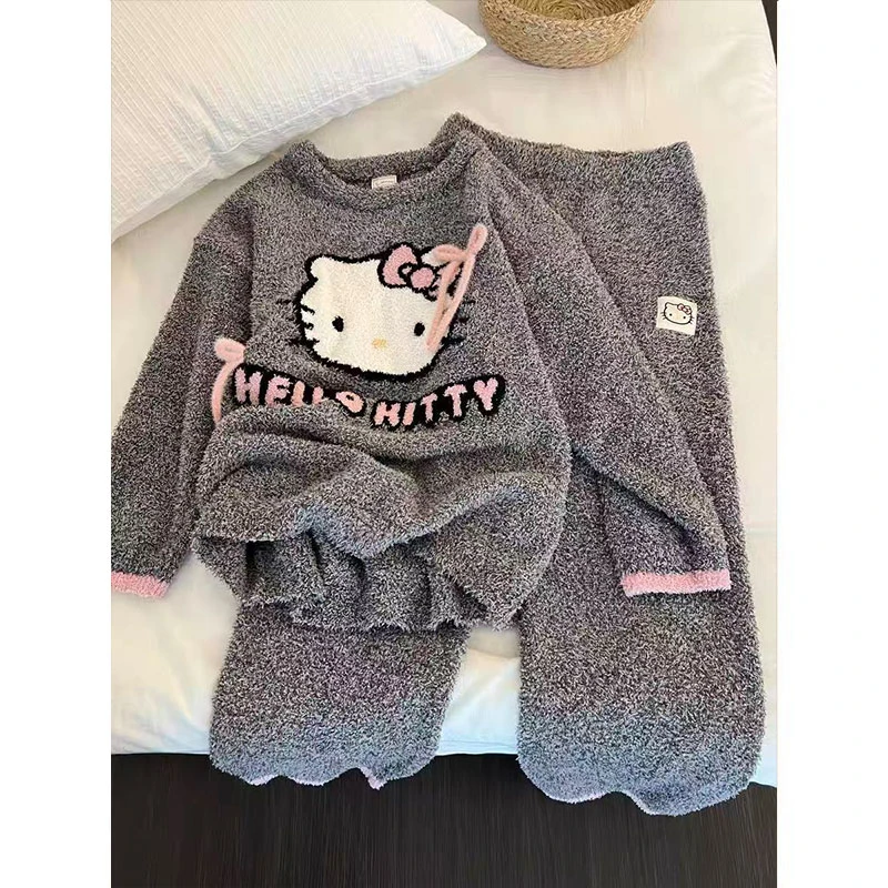 冬季可爱hellokitty珊瑚绒日系圆领加绒睡衣女款毛绒甜妹家居服冬
