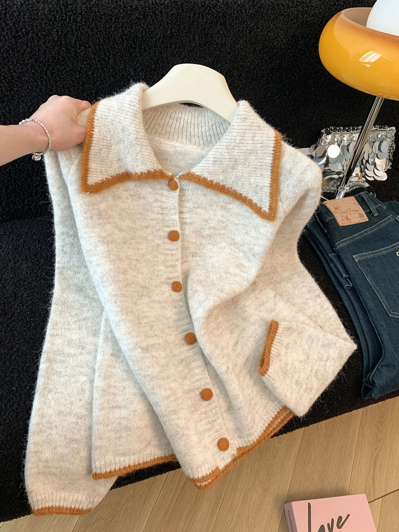 时尚元气甜美撞色翻领毛衣女秋冬新款韩系设计感百搭宽松长袖开衫