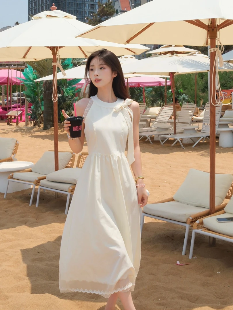 复古初恋挂脖露肩拉链夏季连衣裙显瘦法式森系温柔小众气质长裙