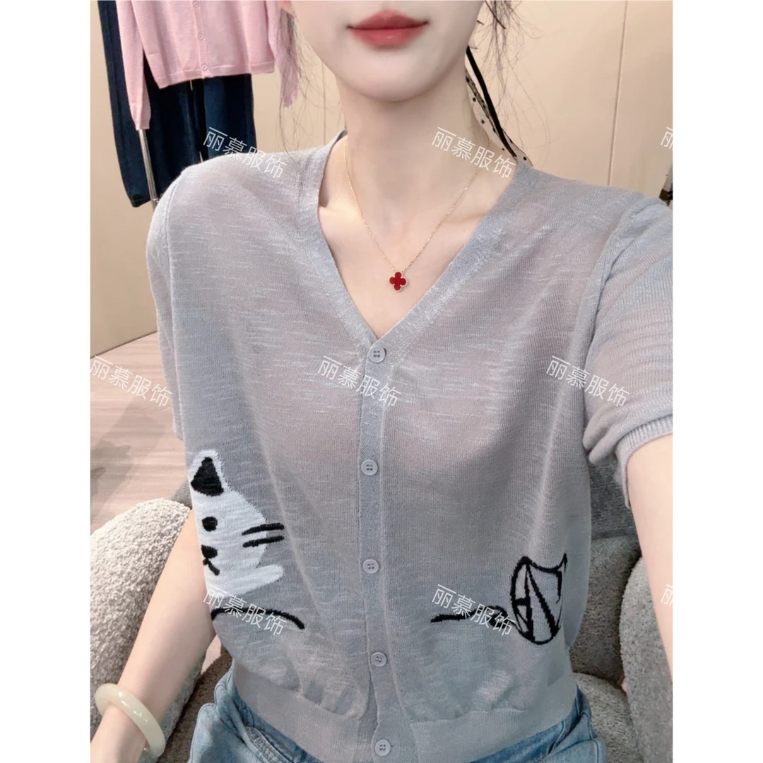 【猫咪毛球短袖】V领薄款空调衫猫咪提花竹节麻针织短袖开衫1677
