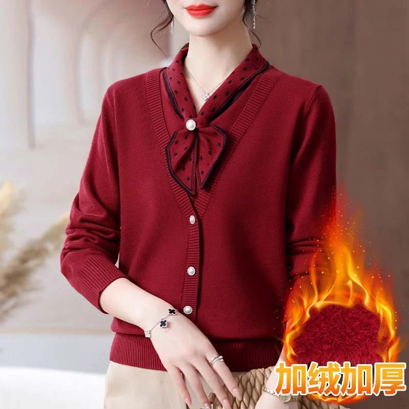 罗蒙妈妈本命年红色毛衣加绒加厚可外穿打底衫秋冬季保暖冬装上衣