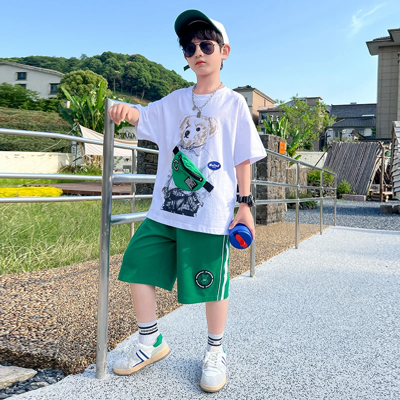 儿童装男童夏装短袖套装新款薄款透气网红小熊两件套B2256